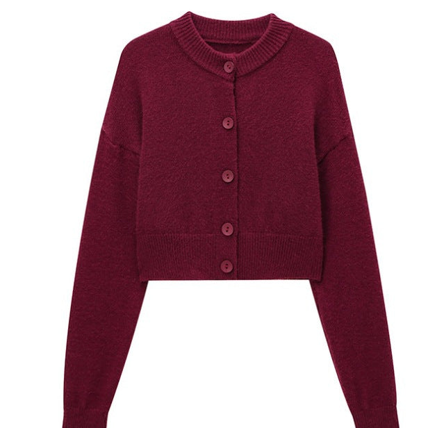 Women's Short Cardigan with Button Placket and Round Neckline