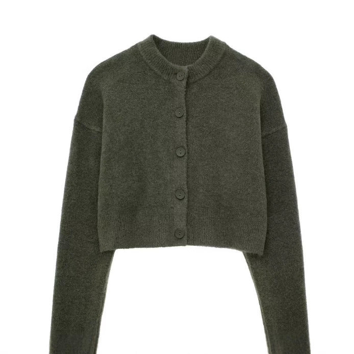 Women's Short Cardigan with Button Placket and Round Neckline