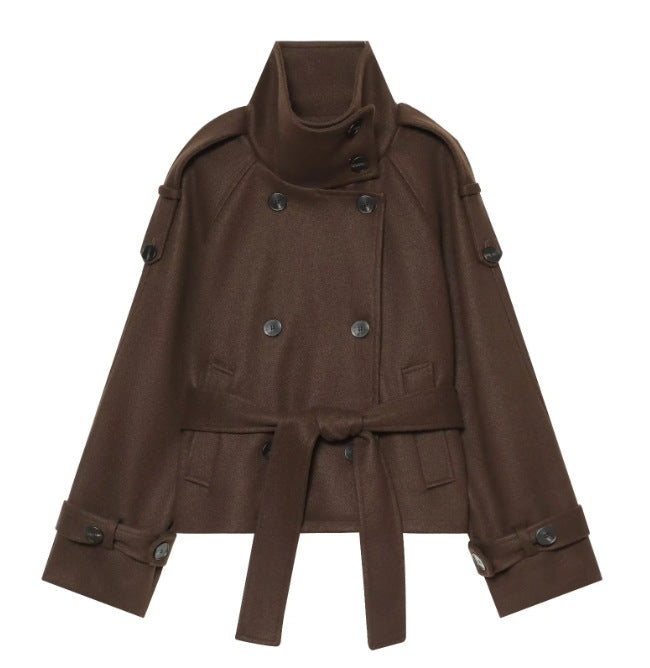 Women's Short Double-Breasted Wool Cape Coat with Stand Collar, Epaulettes, Tie Belt and Pockets