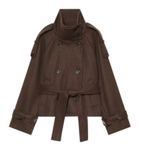 Women's Short Double-Breasted Wool Cape Coat with Stand Collar, Epaulettes, Tie Belt and Pockets