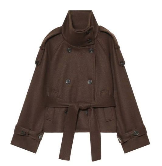 Women's Short Double-Breasted Wool Cape Coat with Stand Collar, Epaulettes, Tie Belt and Pockets