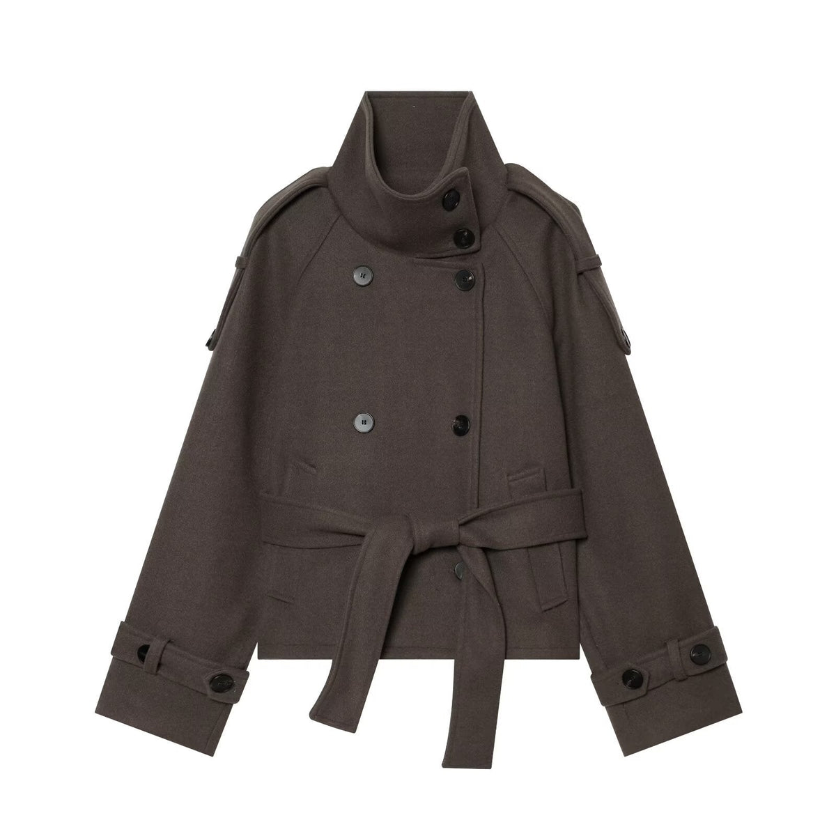Women's Short Double-Breasted Wool Cape Coat with Stand Collar, Epaulettes, Tie Belt and Pockets