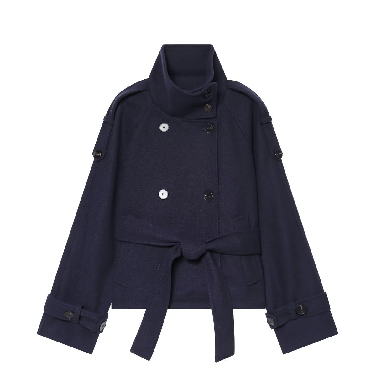 Women's Short Double-Breasted Wool Cape Coat with Stand Collar, Epaulettes, Tie Belt and Pockets