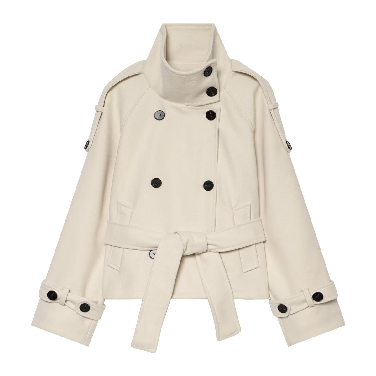 Women's Short Double-Breasted Wool Cape Coat with Stand Collar, Epaulettes, Tie Belt and Pockets