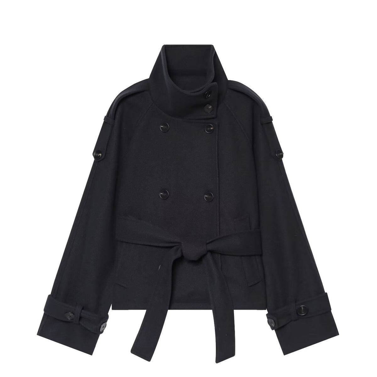 Women's Short Double-Breasted Wool Cape Coat with Stand Collar, Epaulettes, Tie Belt and Pockets
