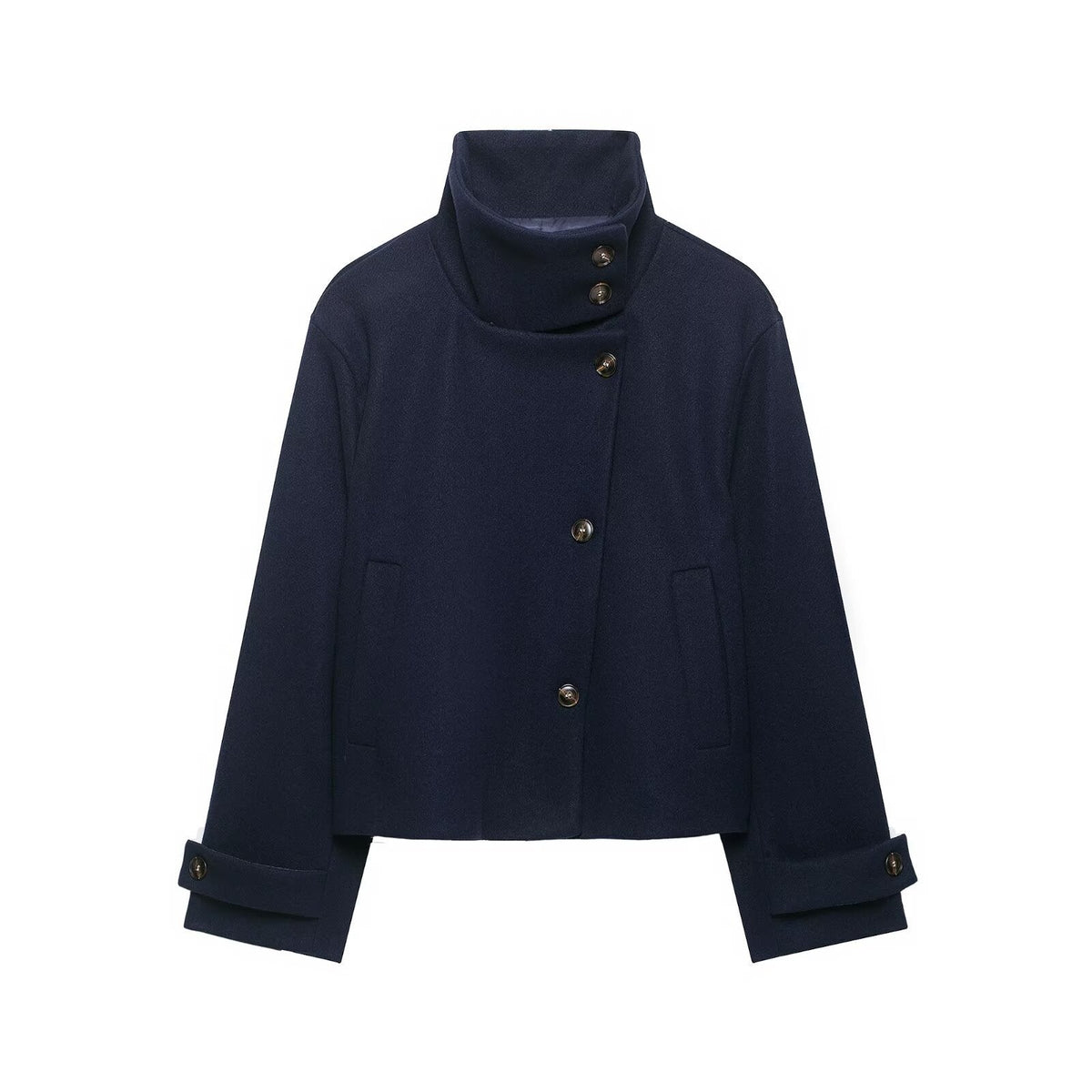 Women's Short Wool Blend Jacket with High Stand-Up Collar