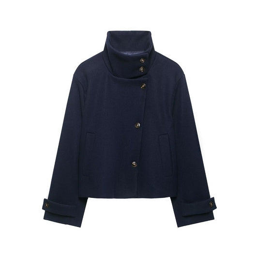 Women's Short Wool Blend Jacket with High Stand-Up Collar