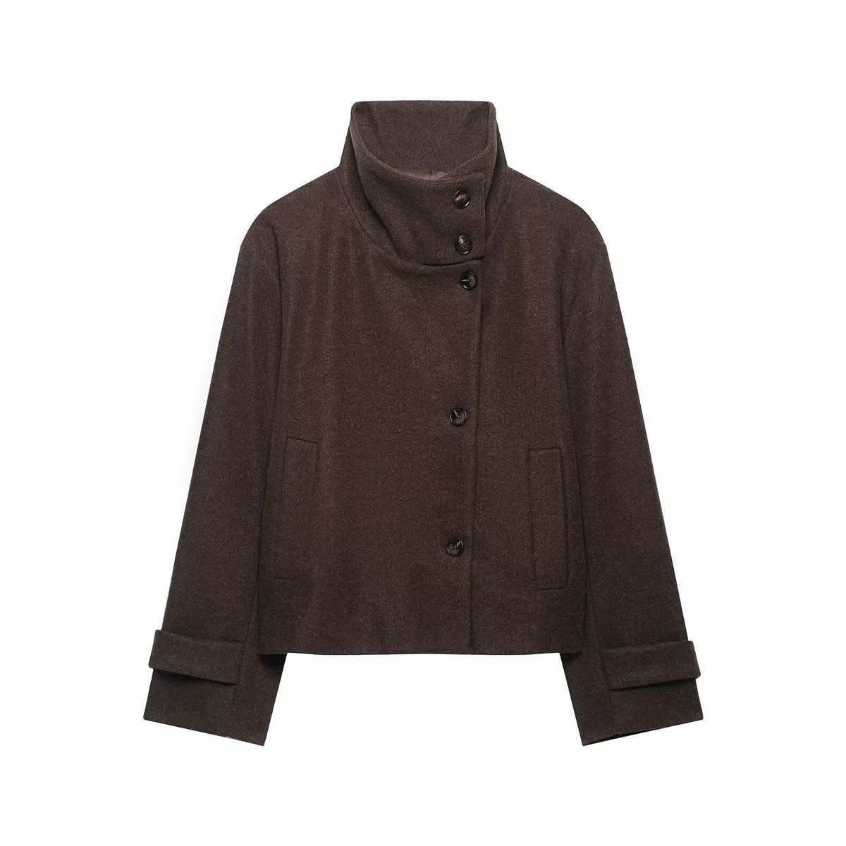 Women's Short Wool Blend Jacket with High Stand-Up Collar