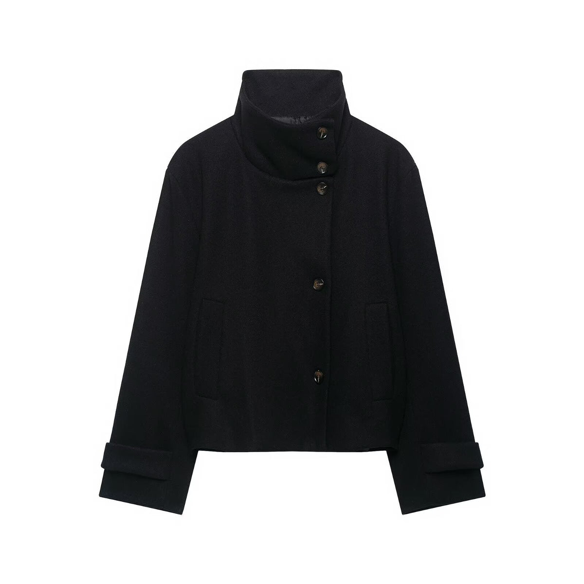 Women's Short Wool Blend Jacket with High Stand-Up Collar