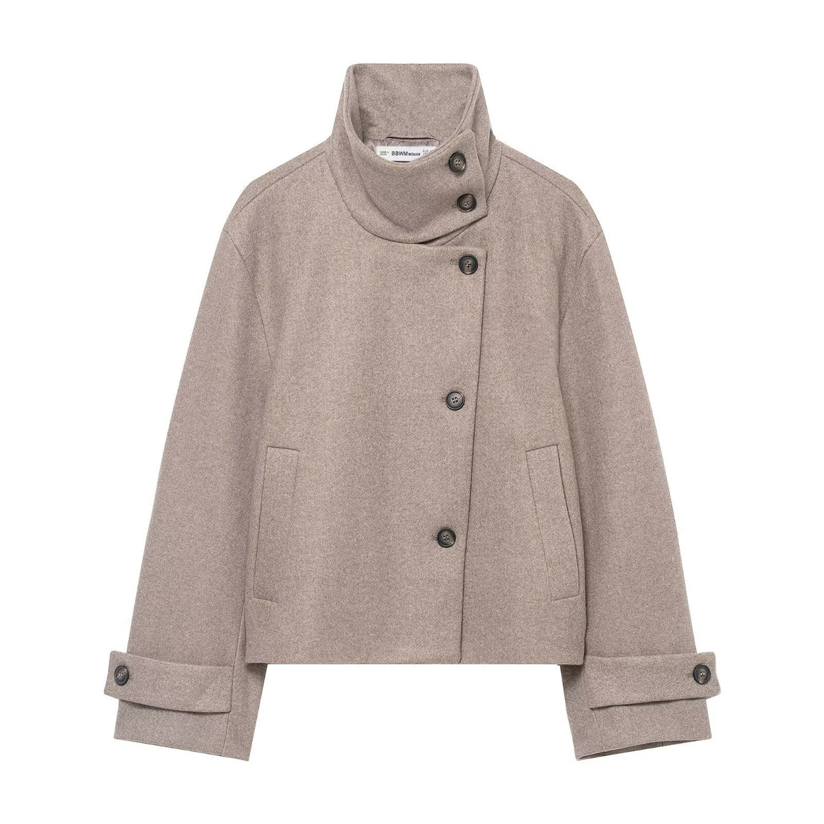 Women's Short Wool Blend Jacket with High Stand-Up Collar
