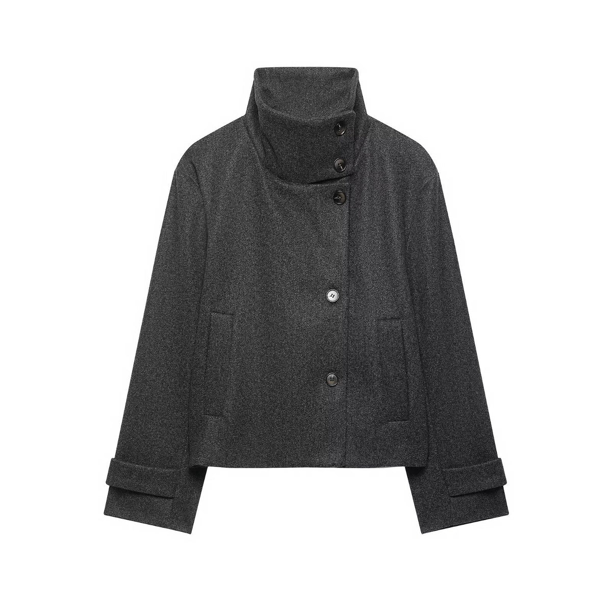 Women's Short Wool Blend Jacket with High Stand-Up Collar