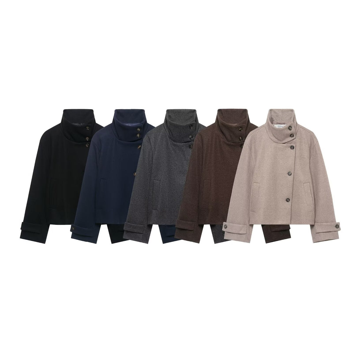 Women's Short Wool Blend Jacket with High Stand-Up Collar