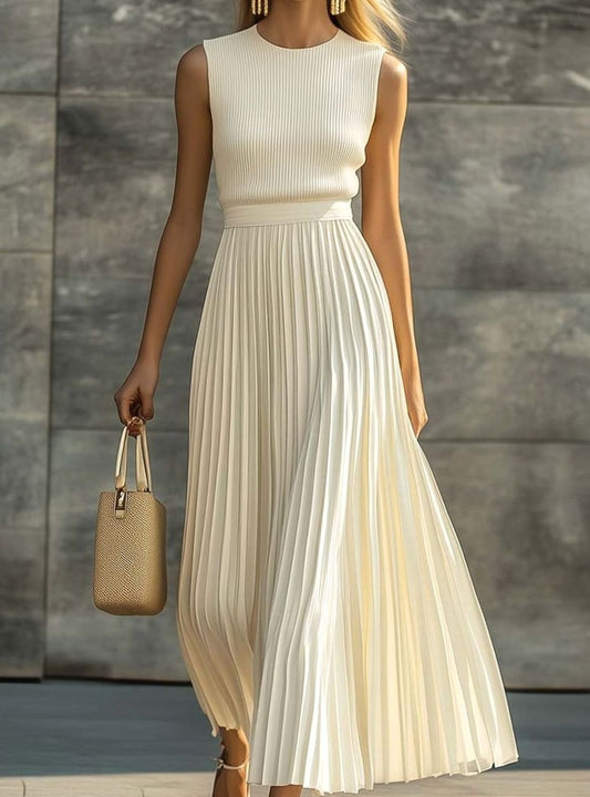 Women's Sleeveless Ribbed Top Pleated Maxi Dress