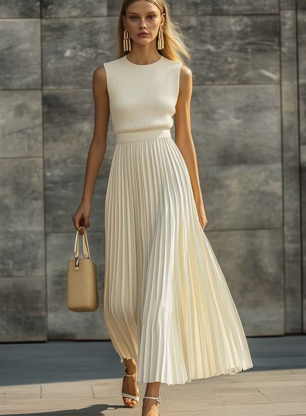 Women's Sleeveless Ribbed Top Pleated Maxi Dress