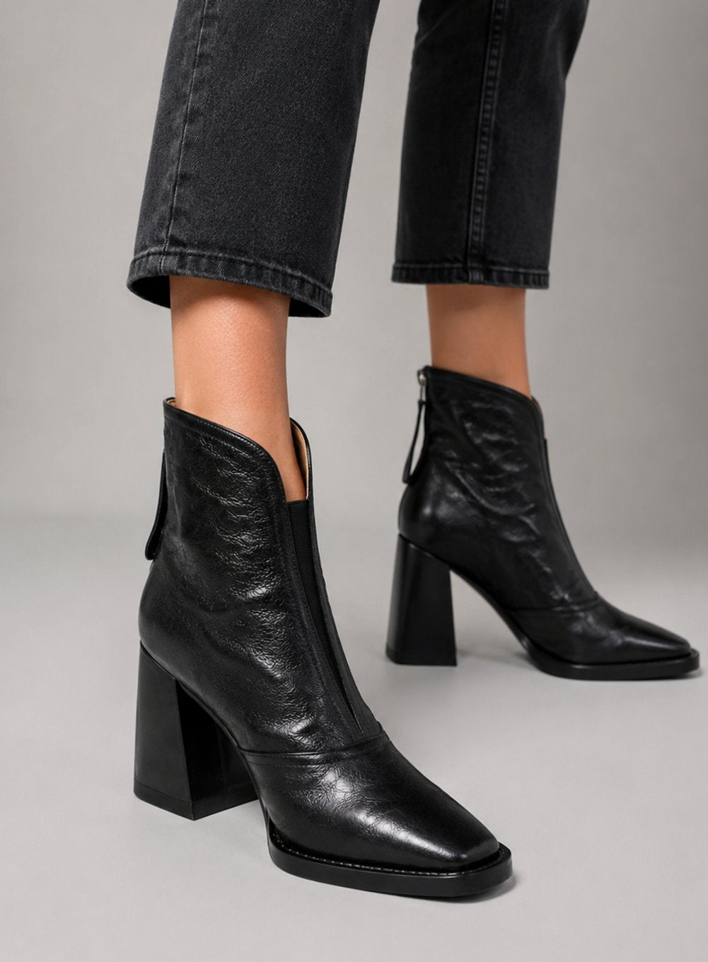 Women's Square-Toe Leather Block Heel Ankle Boots