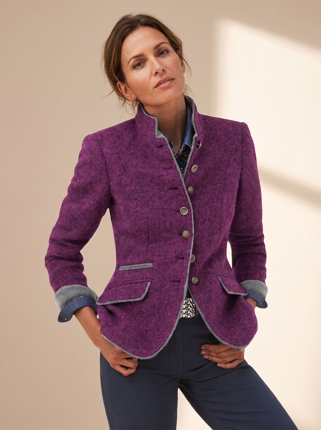 Women's Stand-Collar Button-Front Wool-Look Blazer Jacket