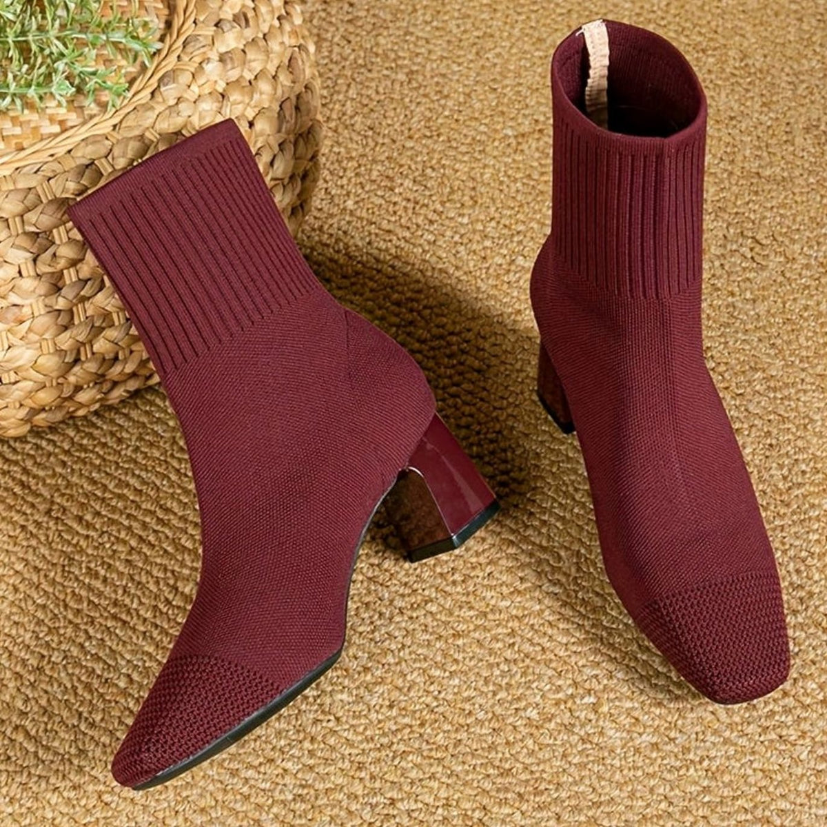 Women's Stretch Knit Square-Toe Block-Heel Ankle Boots