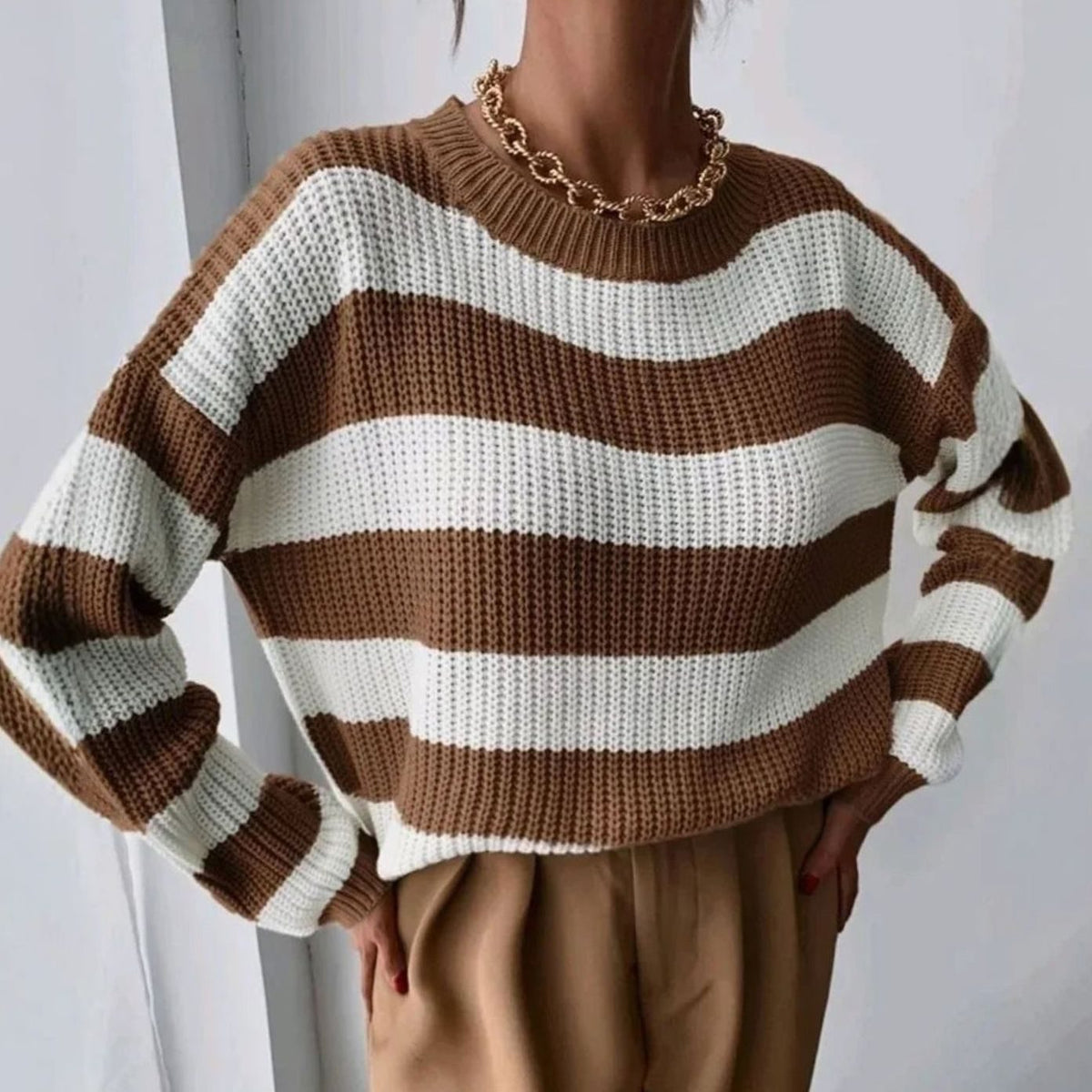 Women's Striped Crewneck Relaxed-Fit Knit Sweater