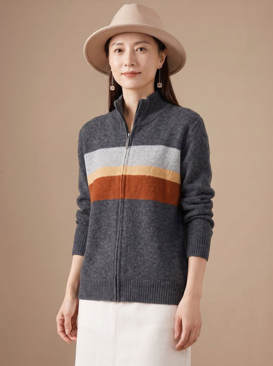 Women's Striped Full-Zip Knit Cardigan Sweater