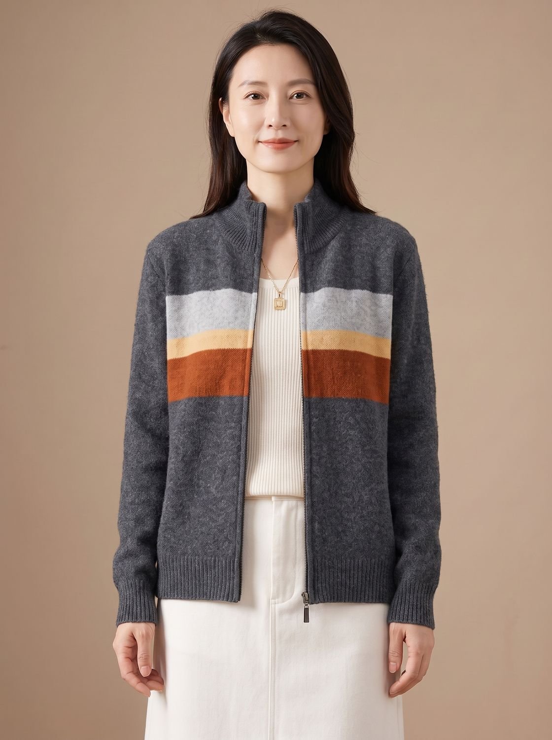 Women's Striped Full-Zip Knit Cardigan Sweater