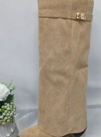 Women's Suede Knee-High Wedge Boots with Buckle Strap
