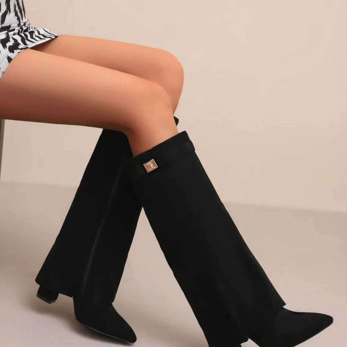 Women's Suede Knee-High Wedge Boots with Buckle Strap