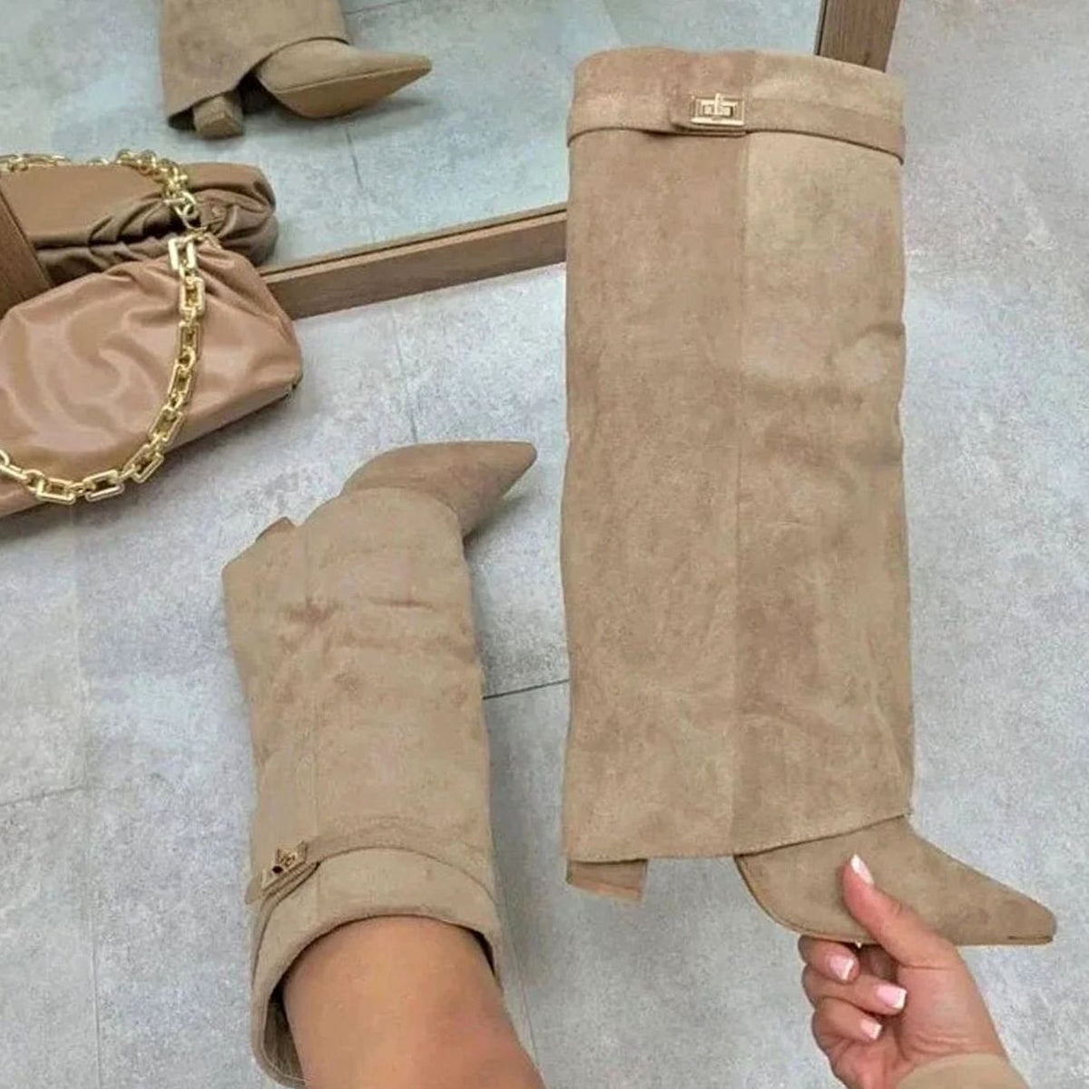 Women's Suede Knee-High Wedge Boots with Buckle Strap
