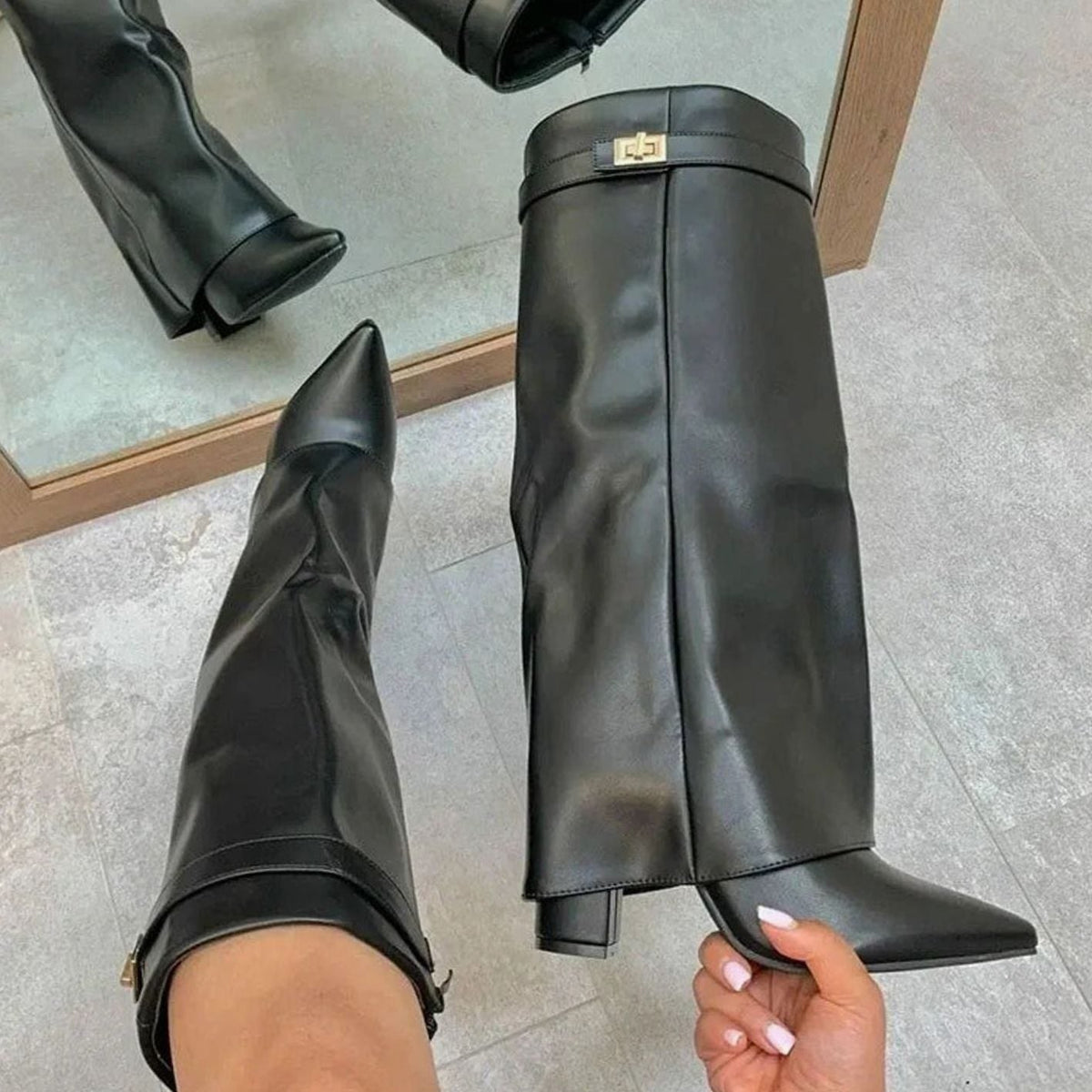Women's Suede Knee-High Wedge Boots with Buckle Strap