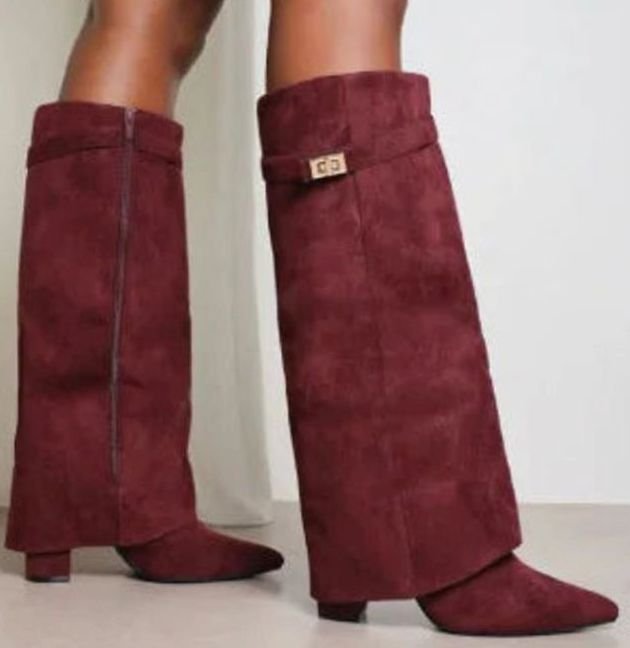 Women's Suede Knee-High Wedge Boots with Buckle Strap