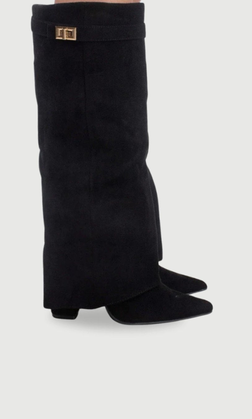 Bottes cuissardes pour femme en daim à bout pointu et boucle dorée