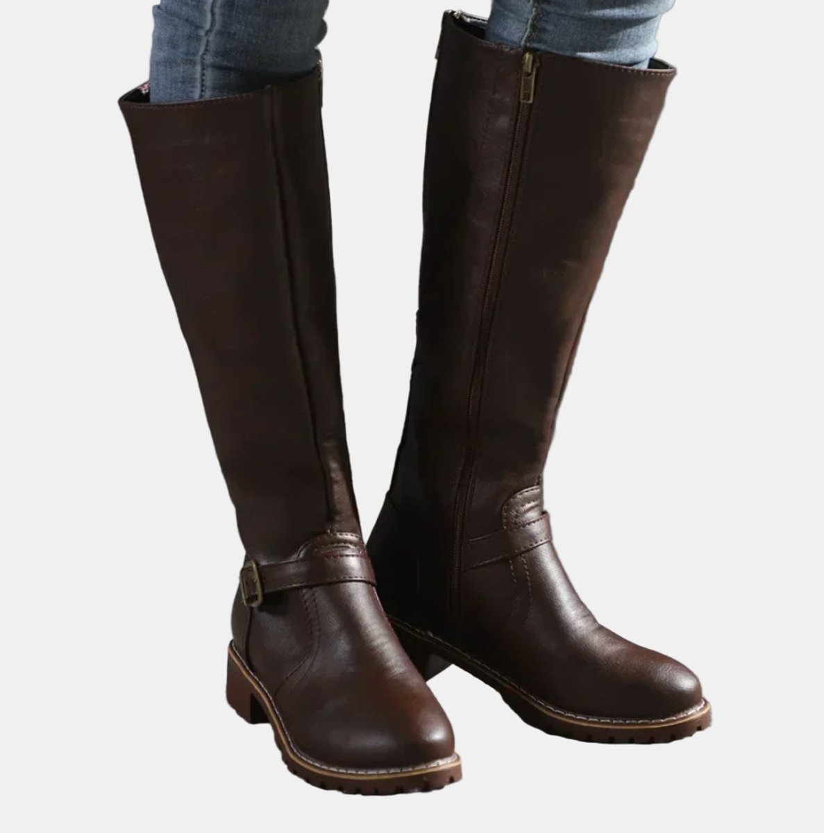Women's Tall Knee-High Riding Boots with Buckle Strap and Low Heel