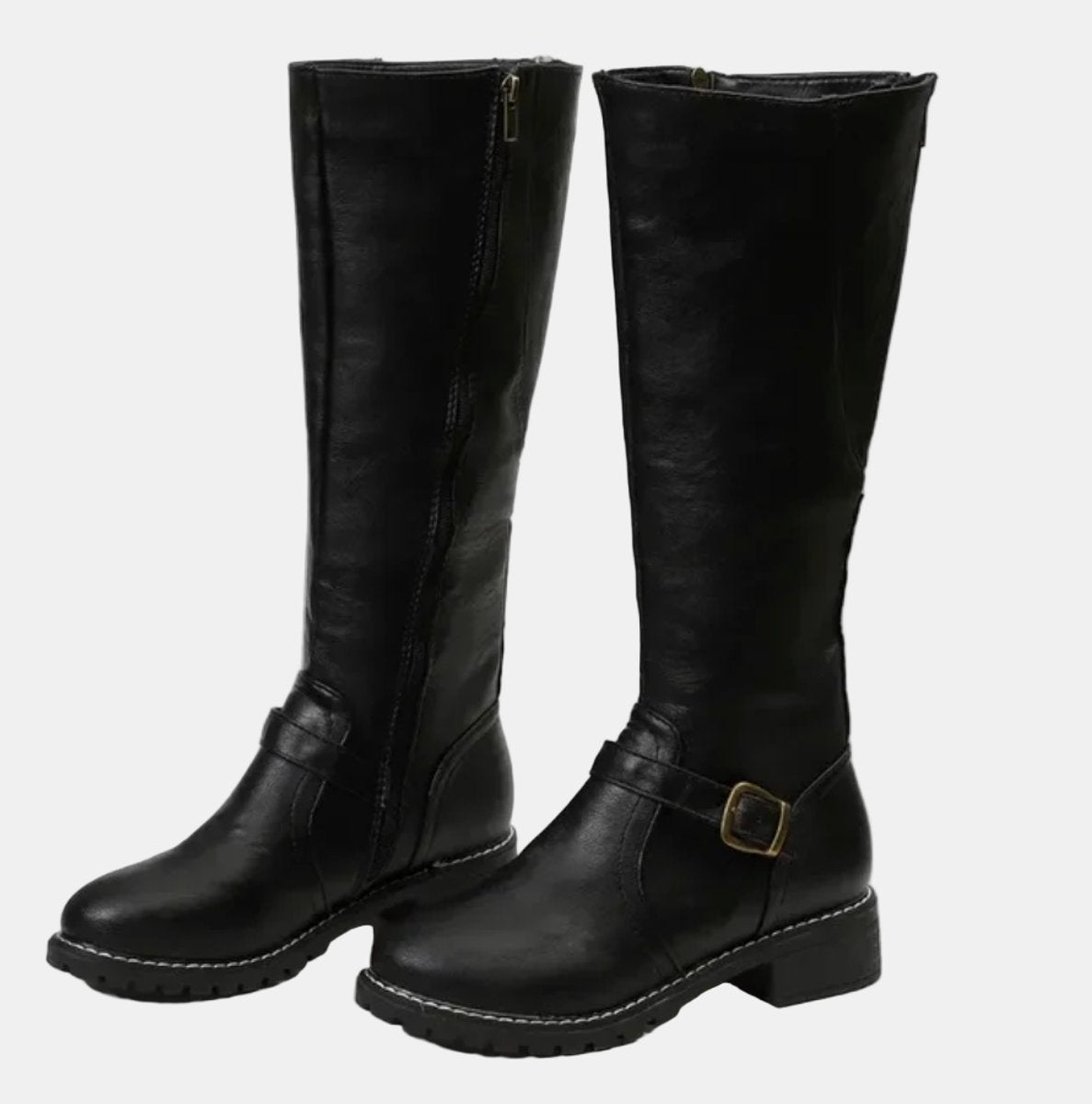 Women's Tall Knee-High Riding Boots with Buckle Strap and Low Heel