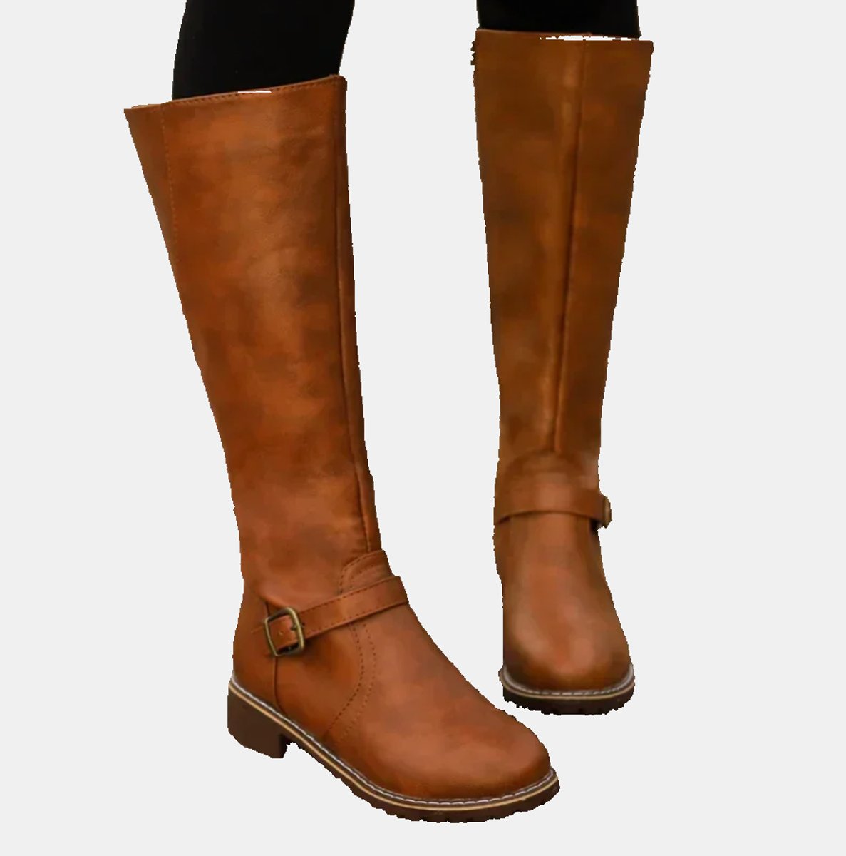 Women's Tall Knee-High Riding Boots with Buckle Strap and Low Heel