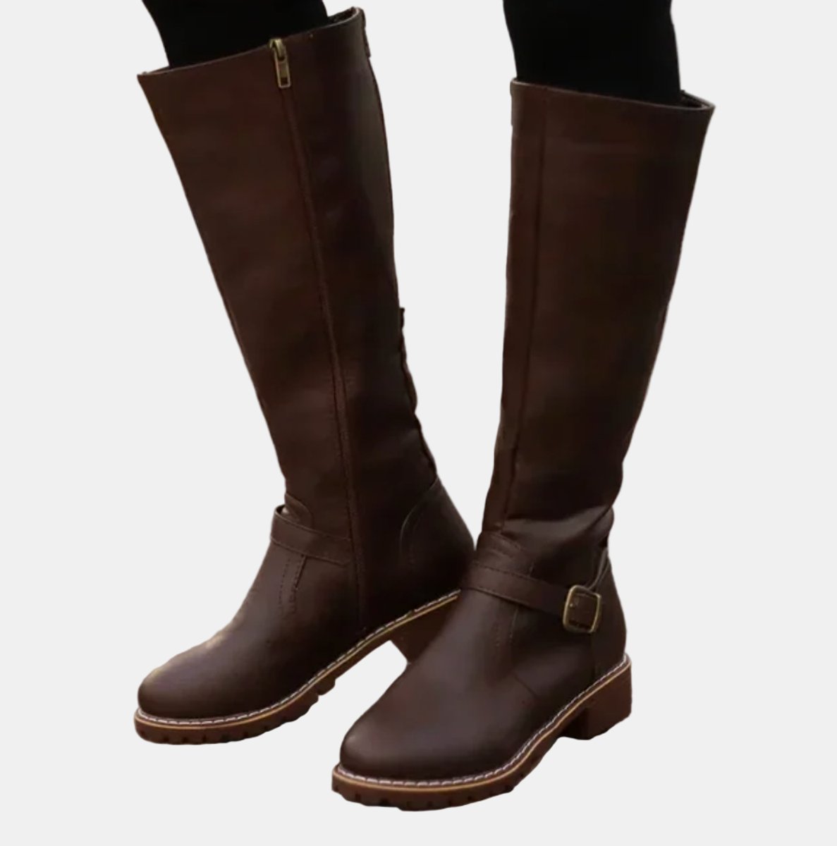 Women's Tall Knee-High Riding Boots with Buckle Strap and Low Heel