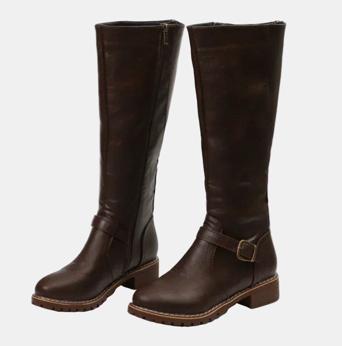 Women's Tall Knee-High Riding Boots with Buckle Strap and Low Heel