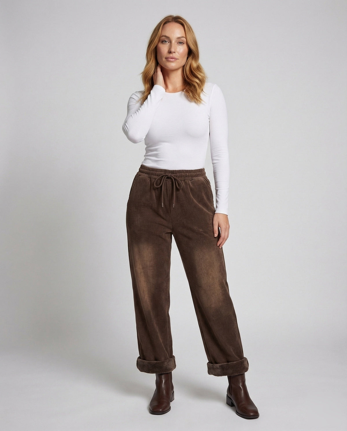 Pantalon thermique pour femme en velours côtelé doublé de polaire effet peluche