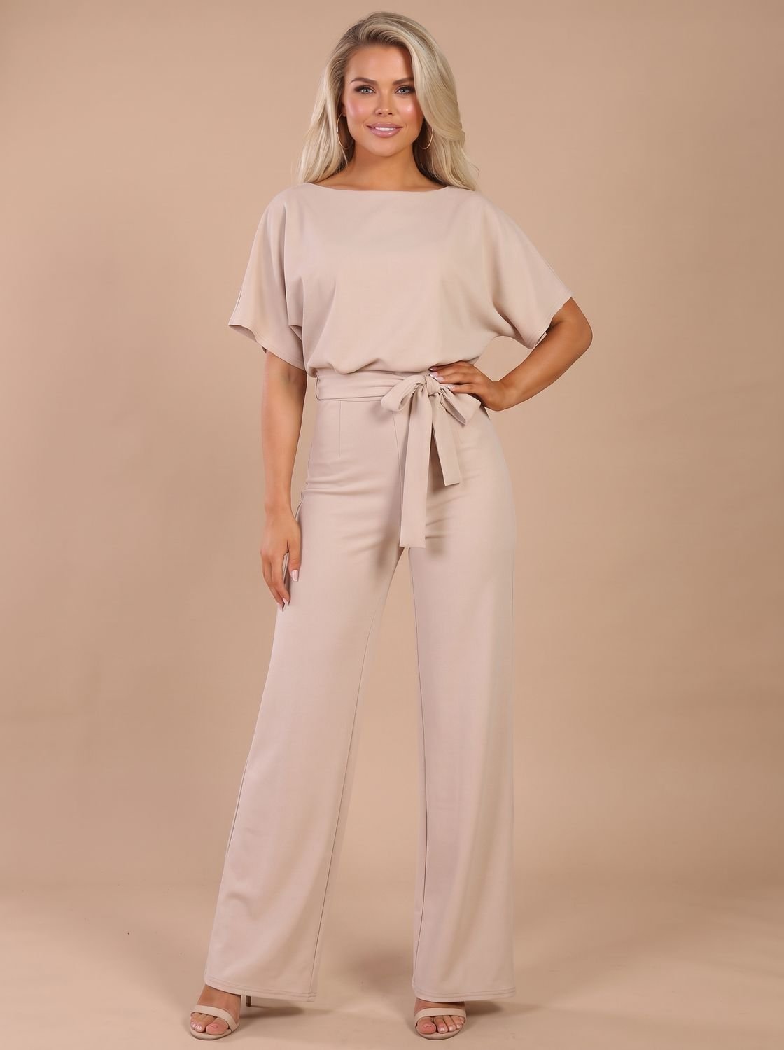 Women's Tie-Belt Wide-Leg Short-Sleeve Jumpsuit