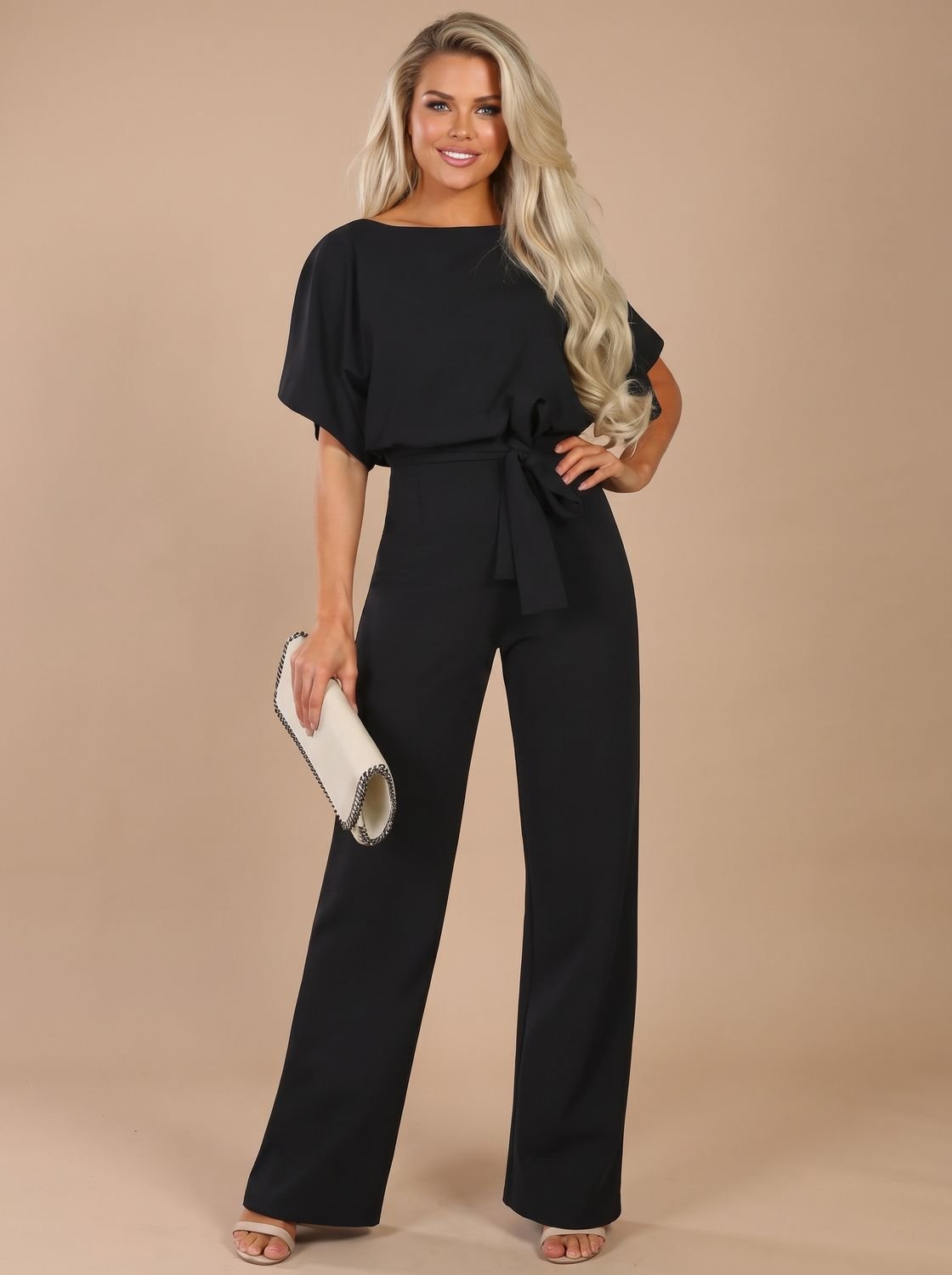 Women's Tie-Belt Wide-Leg Short-Sleeve Jumpsuit