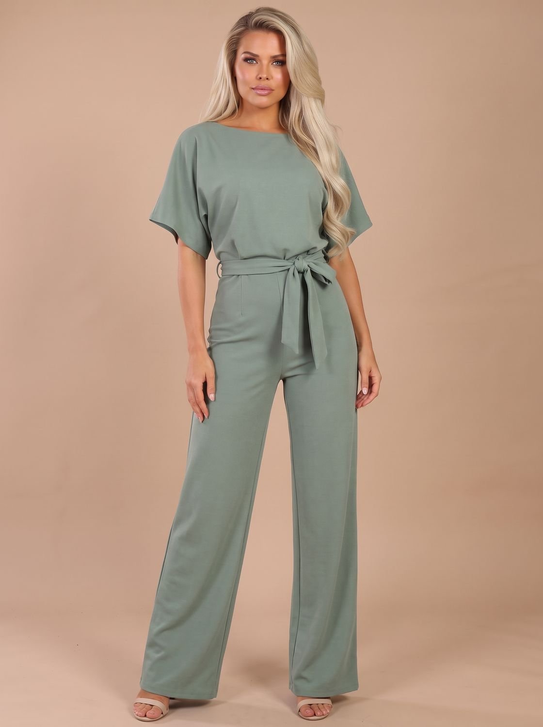 Women's Tie-Belt Wide-Leg Short-Sleeve Jumpsuit