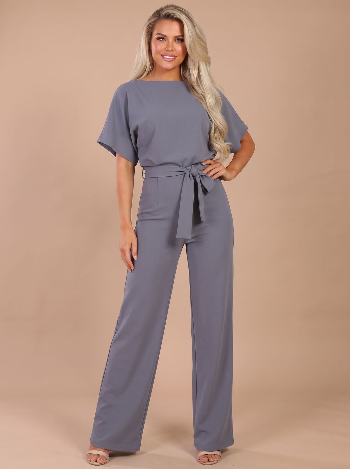 Women's Tie-Belt Wide-Leg Short-Sleeve Jumpsuit