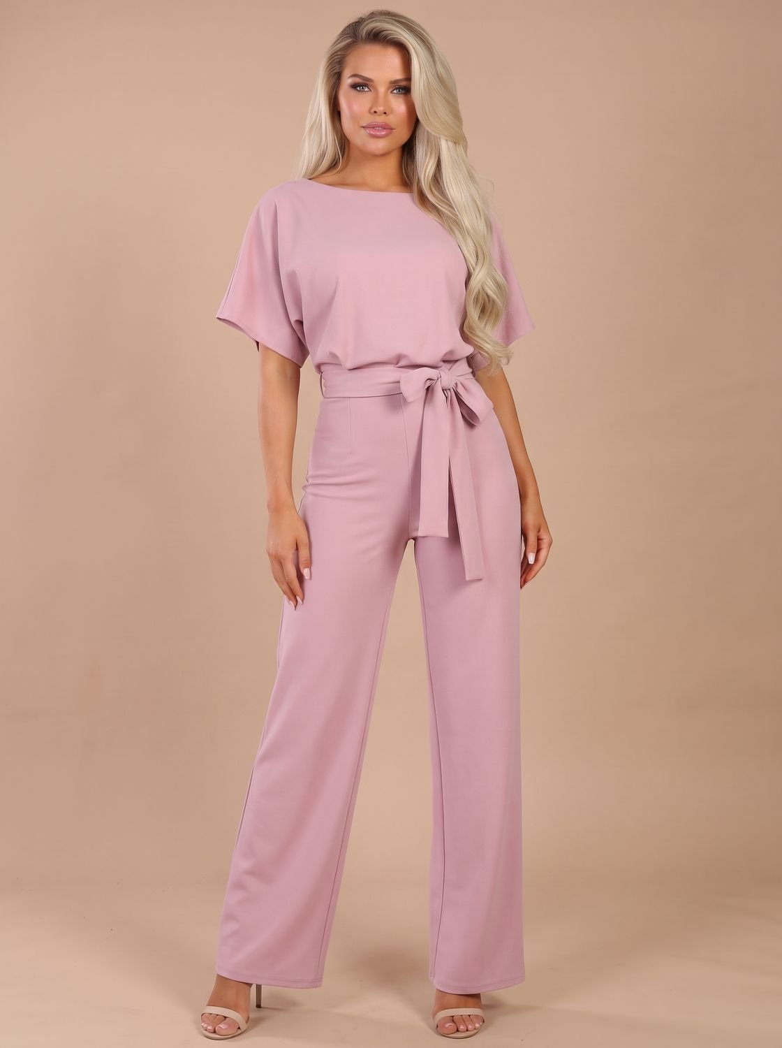 Women's Tie-Belt Wide-Leg Short-Sleeve Jumpsuit