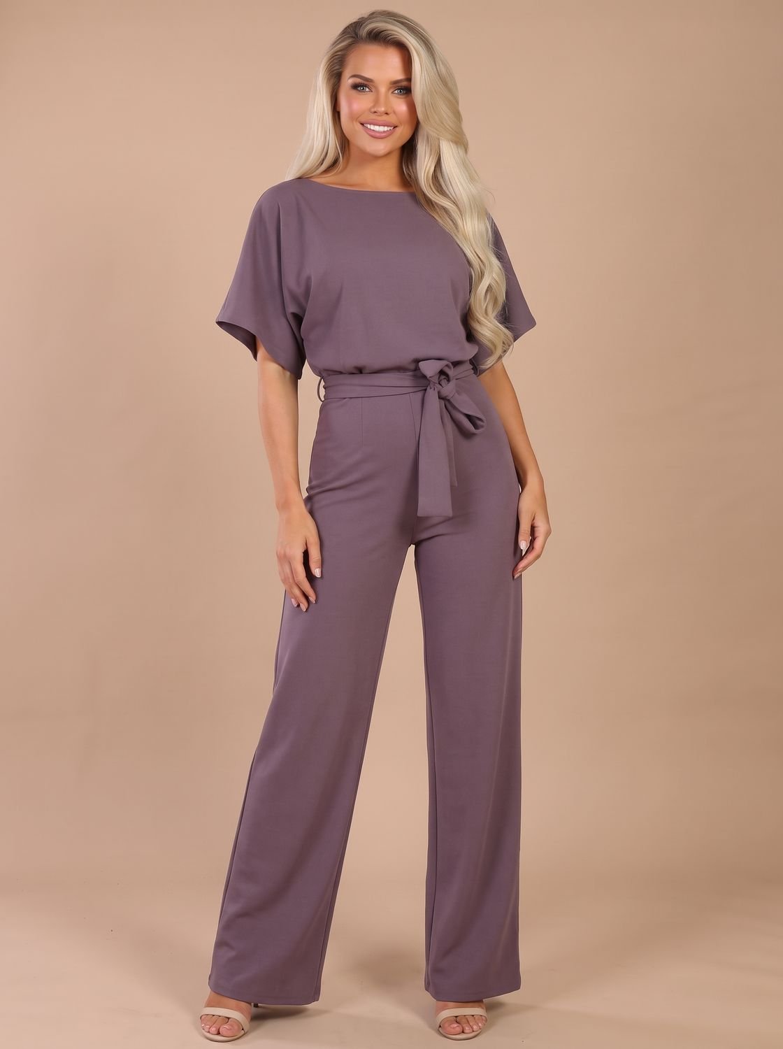 Women's Tie-Belt Wide-Leg Short-Sleeve Jumpsuit