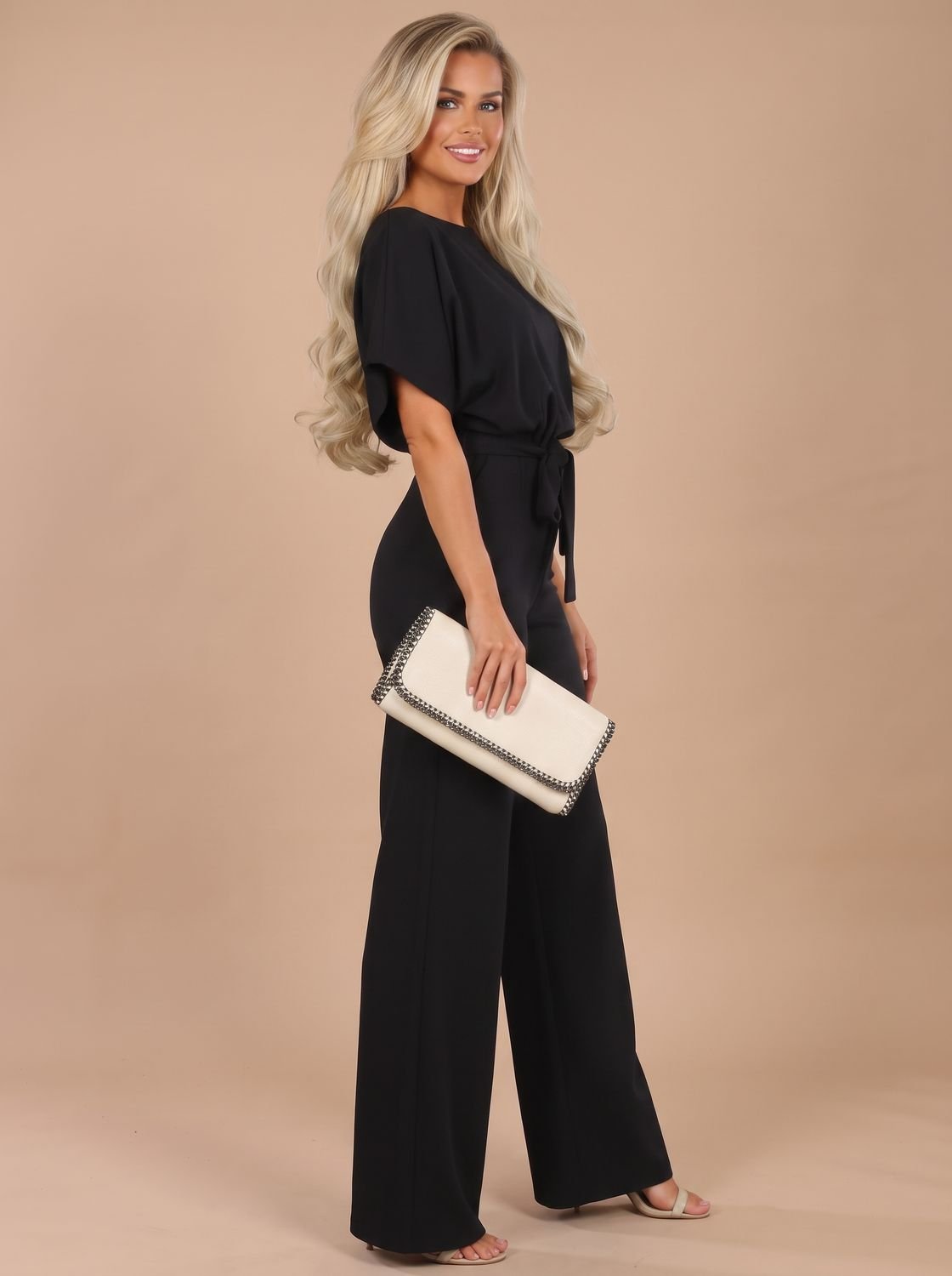 Women's Tie-Belt Wide-Leg Short-Sleeve Jumpsuit