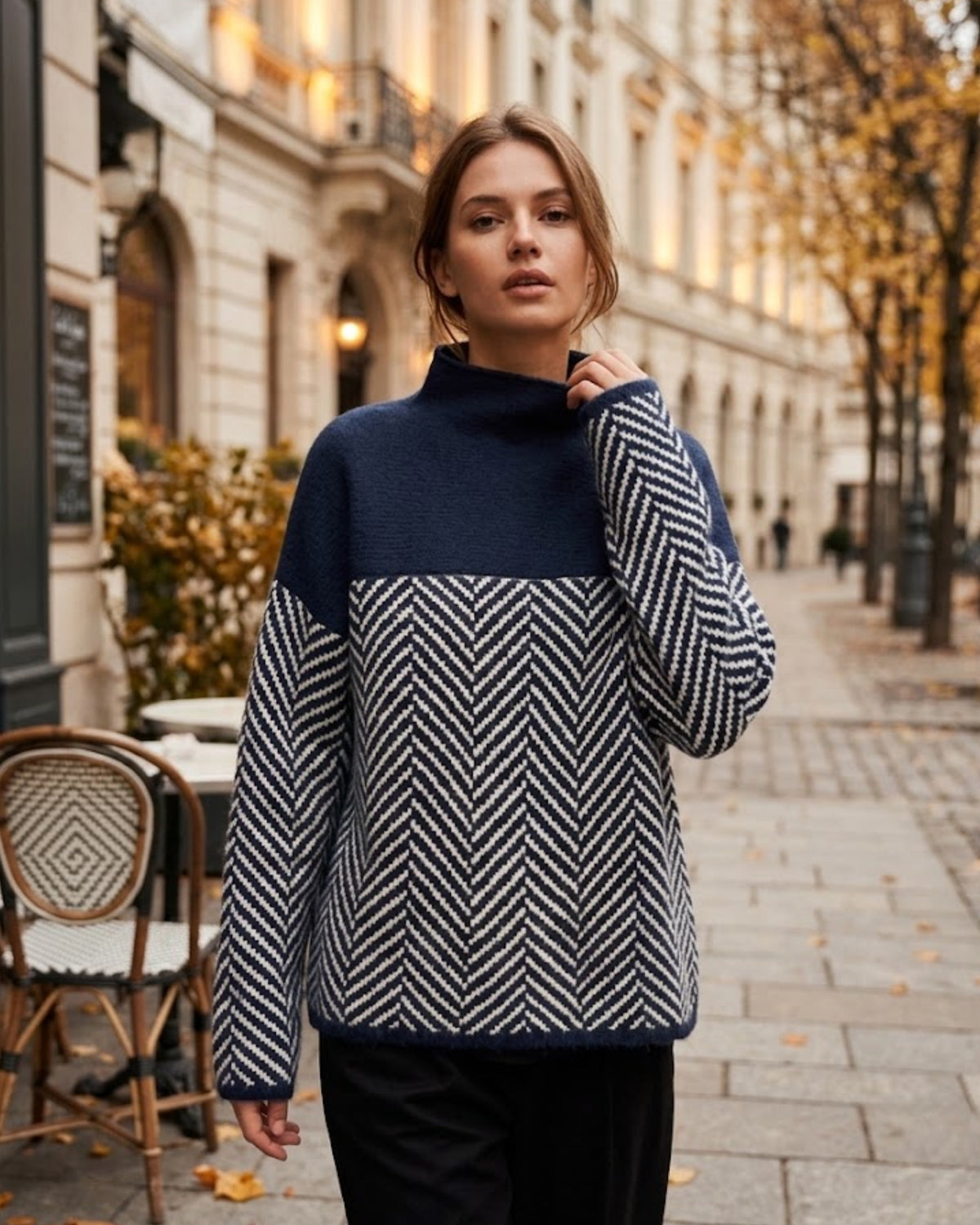 Women's Turtleneck Knit Sweater – Warm Loose-Fit Cashmere Sweater with Trendy Herringbone Pattern