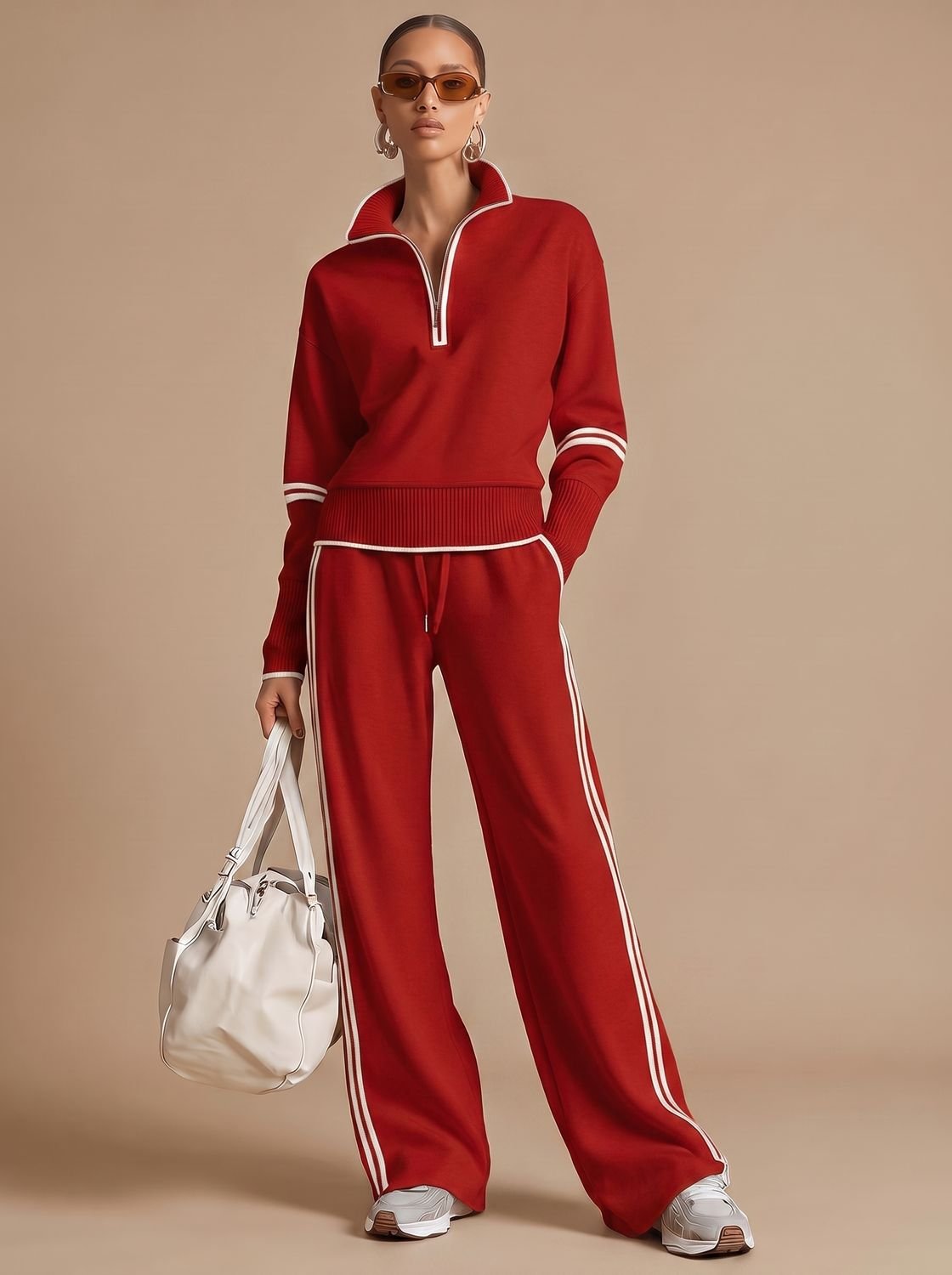 Women's Two-Piece Half-Zip Wide-Leg Pants Lounge Set
