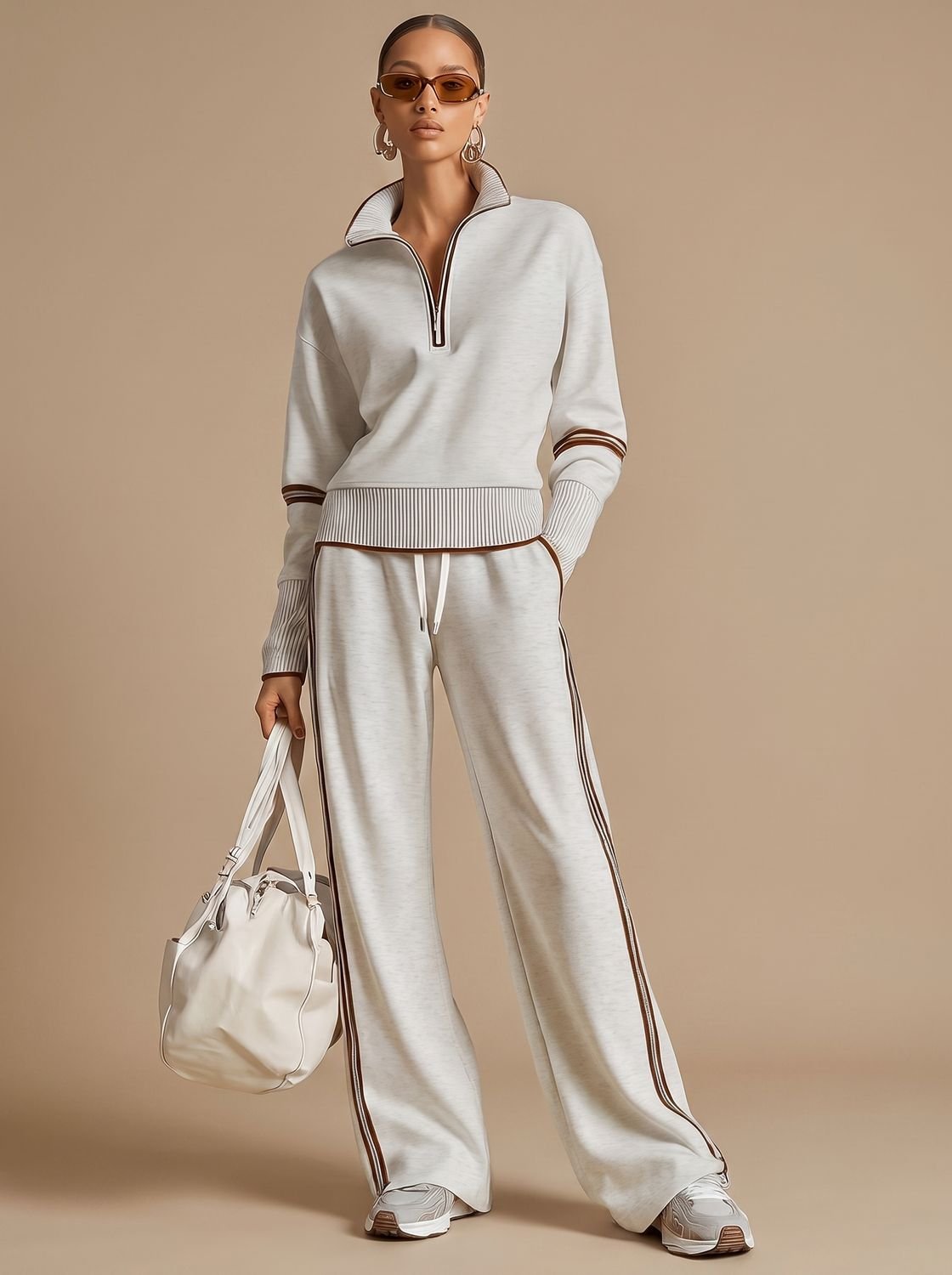 Women's Two-Piece Half-Zip Wide-Leg Pants Lounge Set