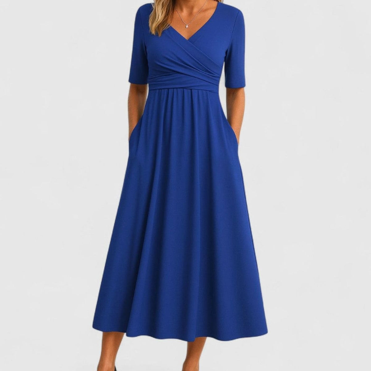 Women's V-Neck Crossover Empire-Waist Midi Dress with Pockets