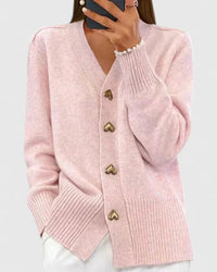 Women's V-Neck Gold Heart-Button Knit Cardigan Sweater