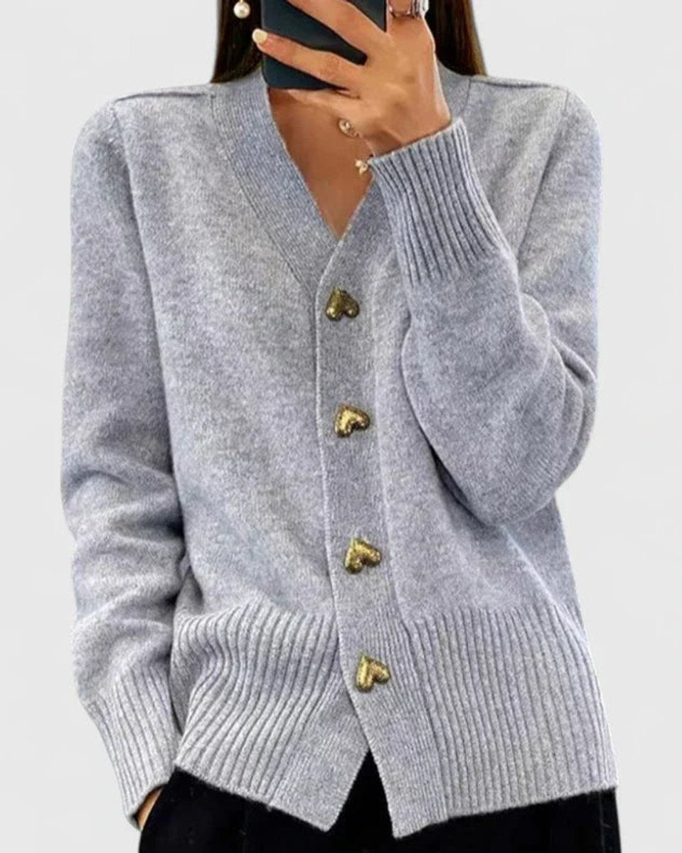Women's V-Neck Gold Heart-Button Knit Cardigan Sweater