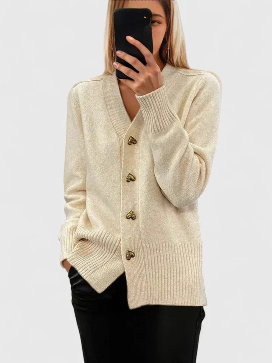 Women's V-Neck Gold Heart-Button Knit Cardigan Sweater